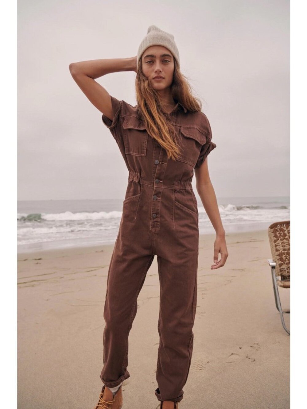 Free People Marci Coverall Utility Jumpsuit Relaxed Denim Brown Pinecone GardenM